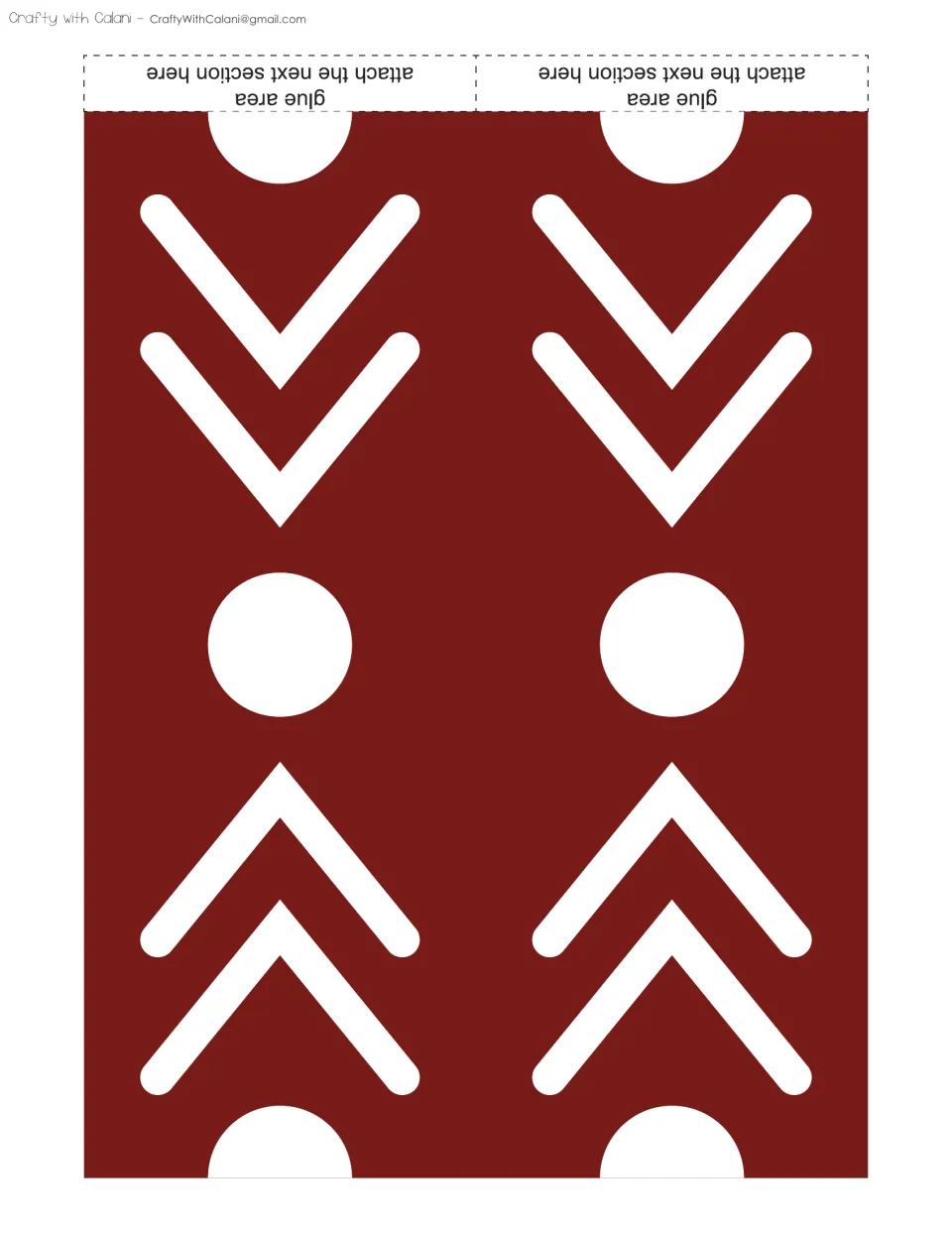 Border cut-out piece: maroon strip with white chevrons and dots, with a glue area to attach the next section