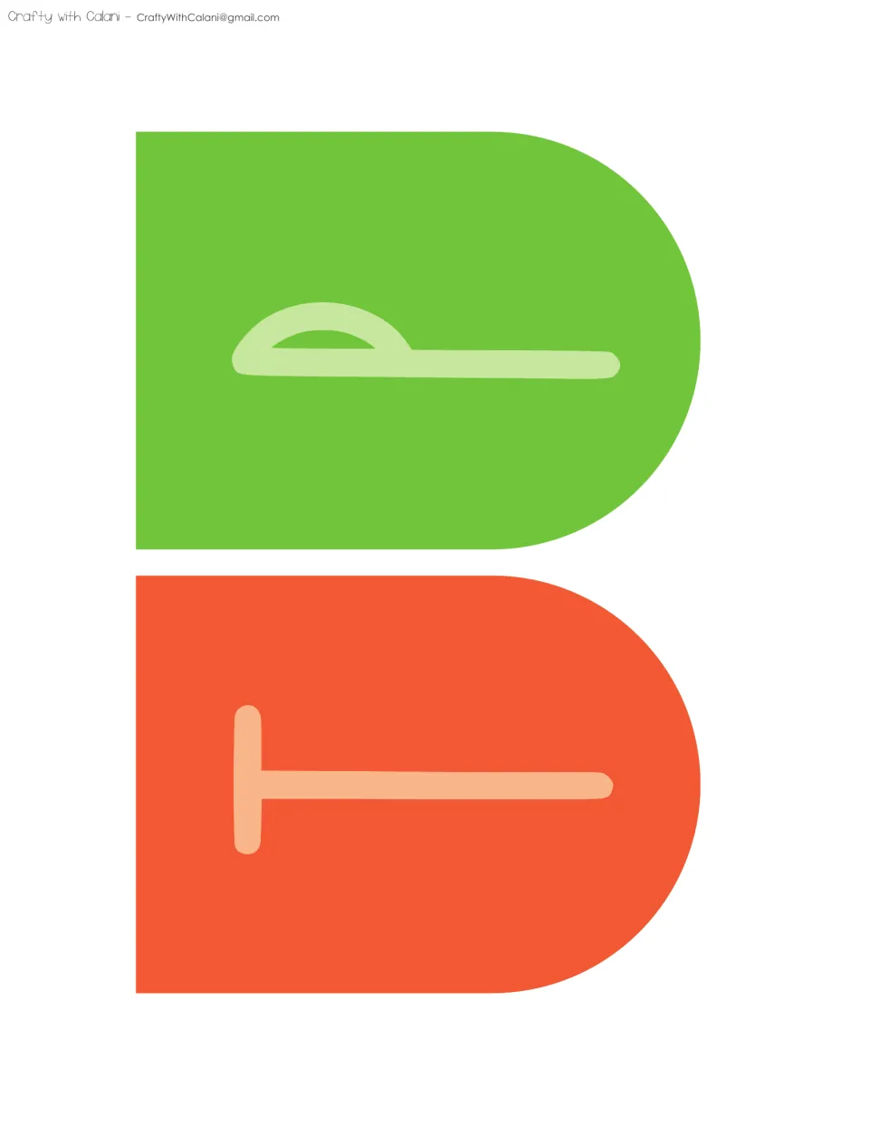 Bunting pennants with an orange T and a green P, letters of the Got Probllama? banner printed sideways for cutting