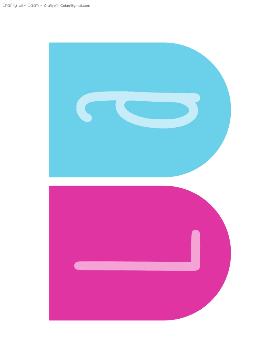 Bunting pennants with a pink L and a blue lowercase a, more letters for the Probllama banner, printed sideways