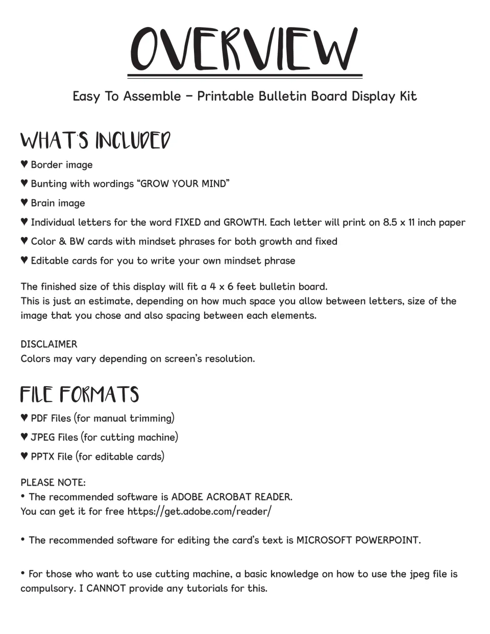 Bulletin board kit overview listing bunting, a brain image, FIXED and GROWTH letters, and editable phrase cards