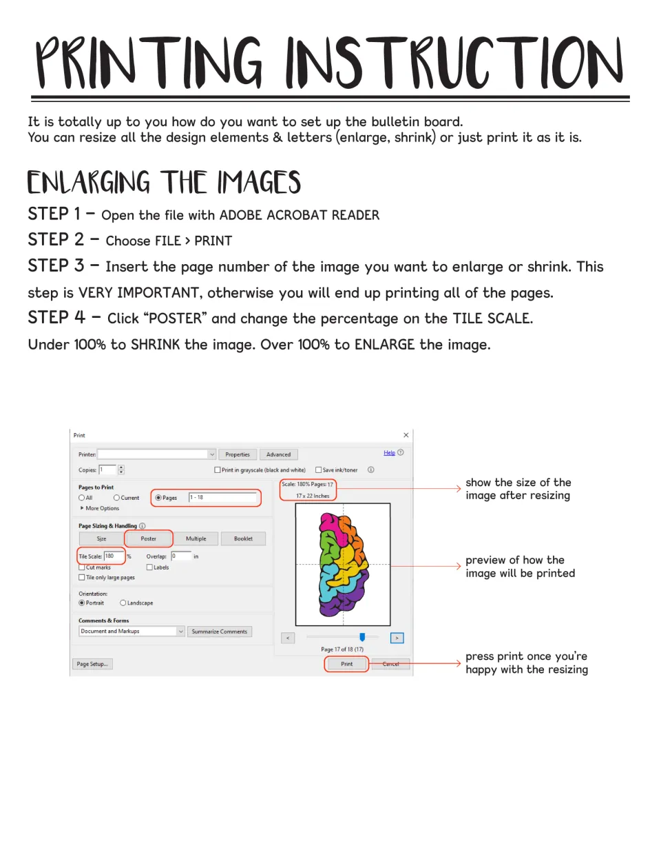 Bulletin board printing instructions for resizing images using Adobe Acrobat Reader's Poster and Tile Scale