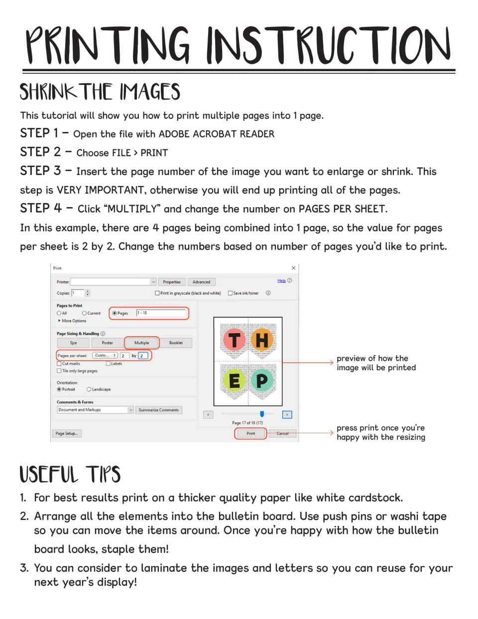 Bulletin board printing guide for placing multiple pages on one sheet, plus cardstock and lamination tips