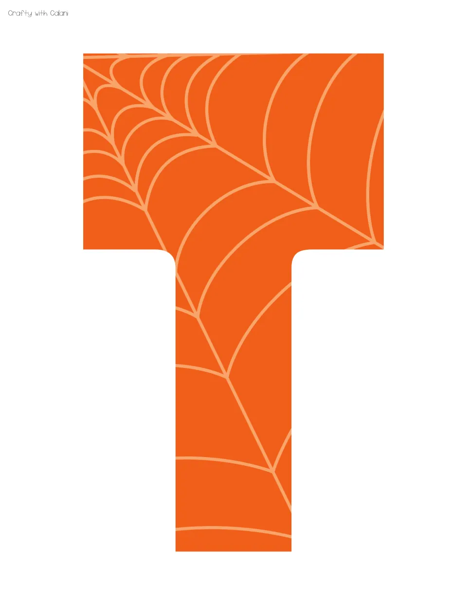 Orange capital T patterned with light spiderweb lines, a Halloween-styled display letter to print and cut out