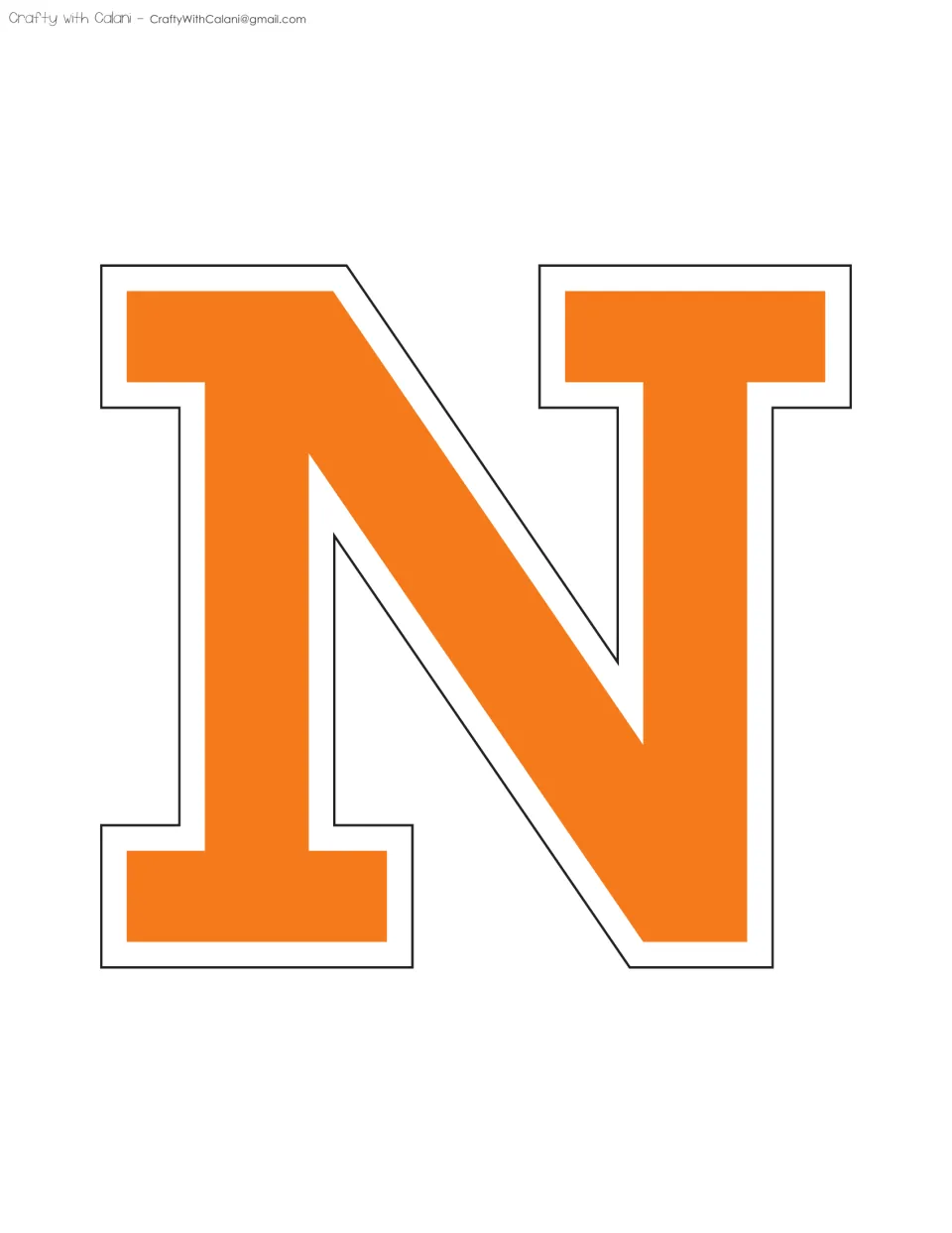 Display letter N in orange: a wide varsity-style capital with white trim, printed one per page for cutting out and posting