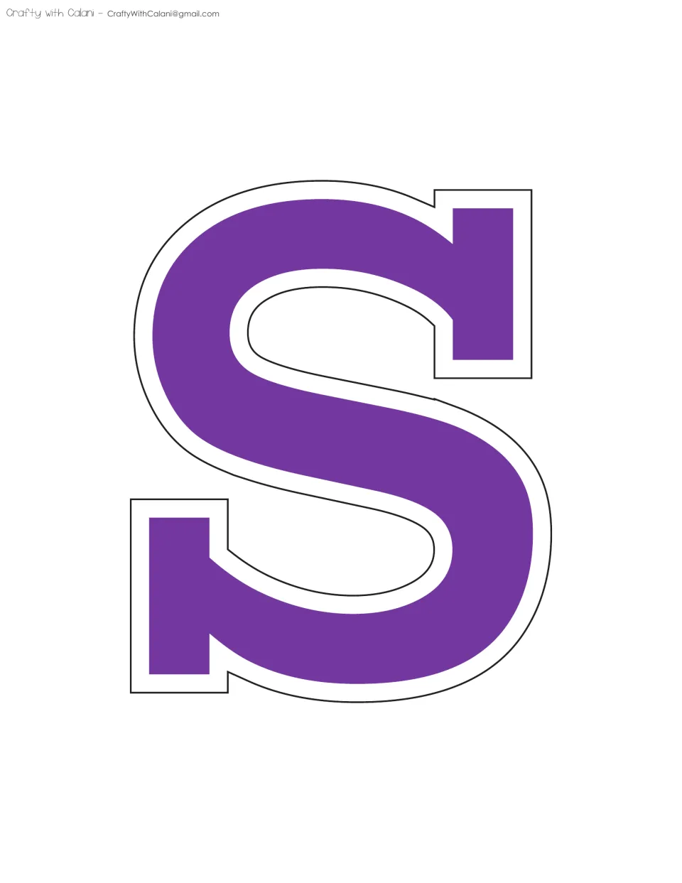 Display letter S in purple: a curved varsity-style capital with white trim, printed large for cutting out and mounting