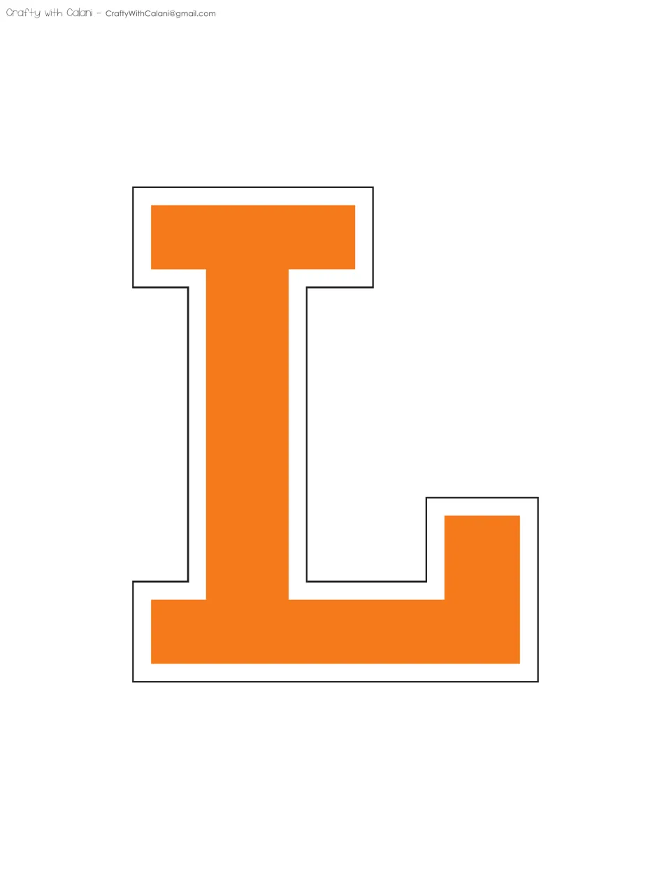 Display letter L in orange: a varsity-style capital with white trim, one large letter per page for a hallway or wall display
