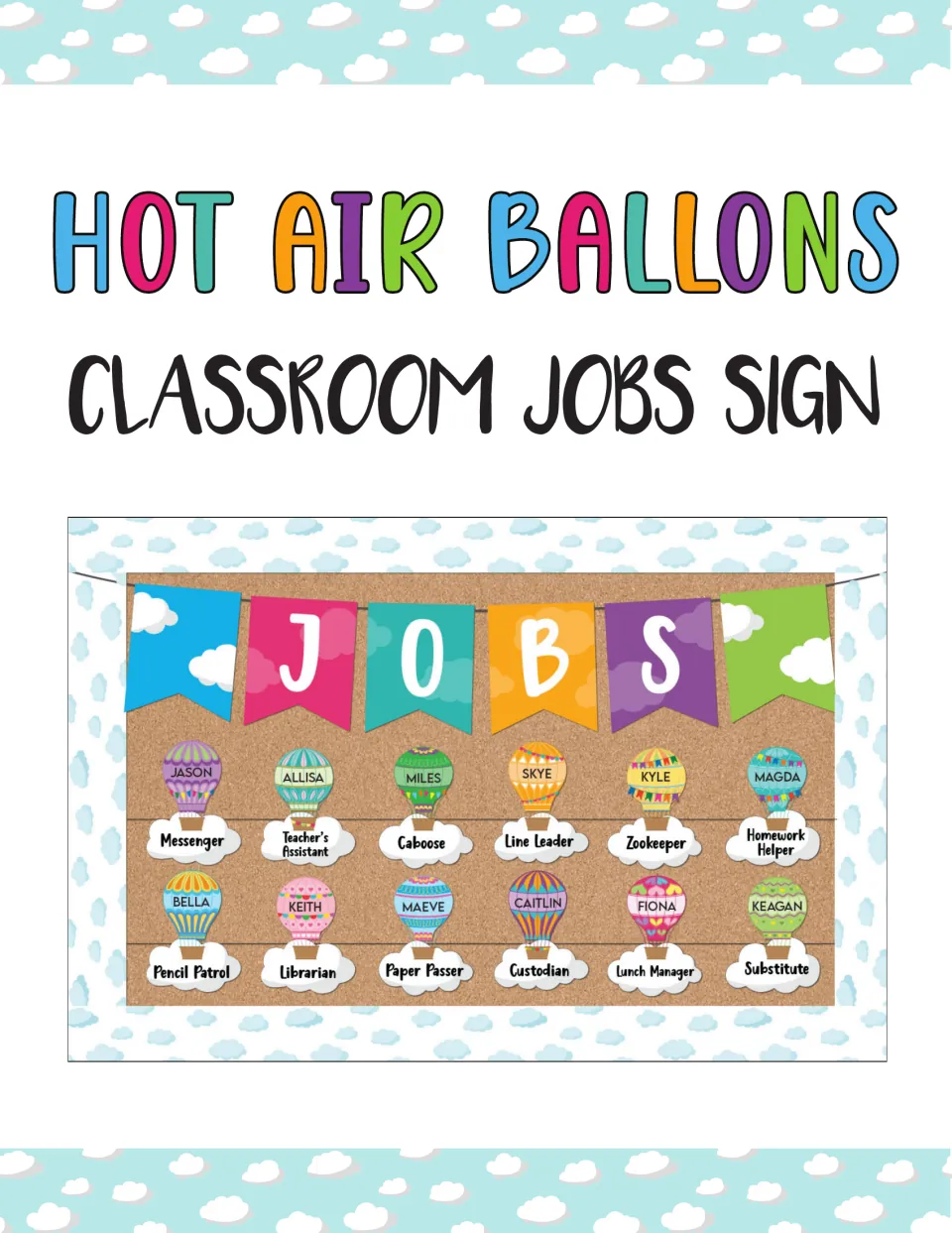 Classroom jobs bulletin board kit cover showing an assembled JOBS display with student names and job cards