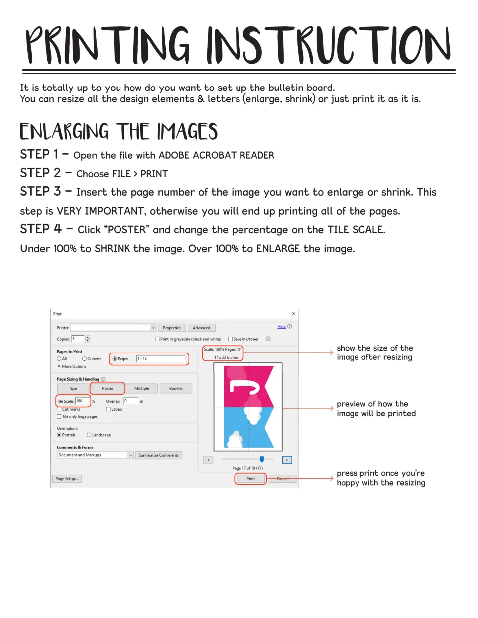 Printing instructions explain resizing display pieces in Adobe Acrobat Reader using Poster and Tile Scale