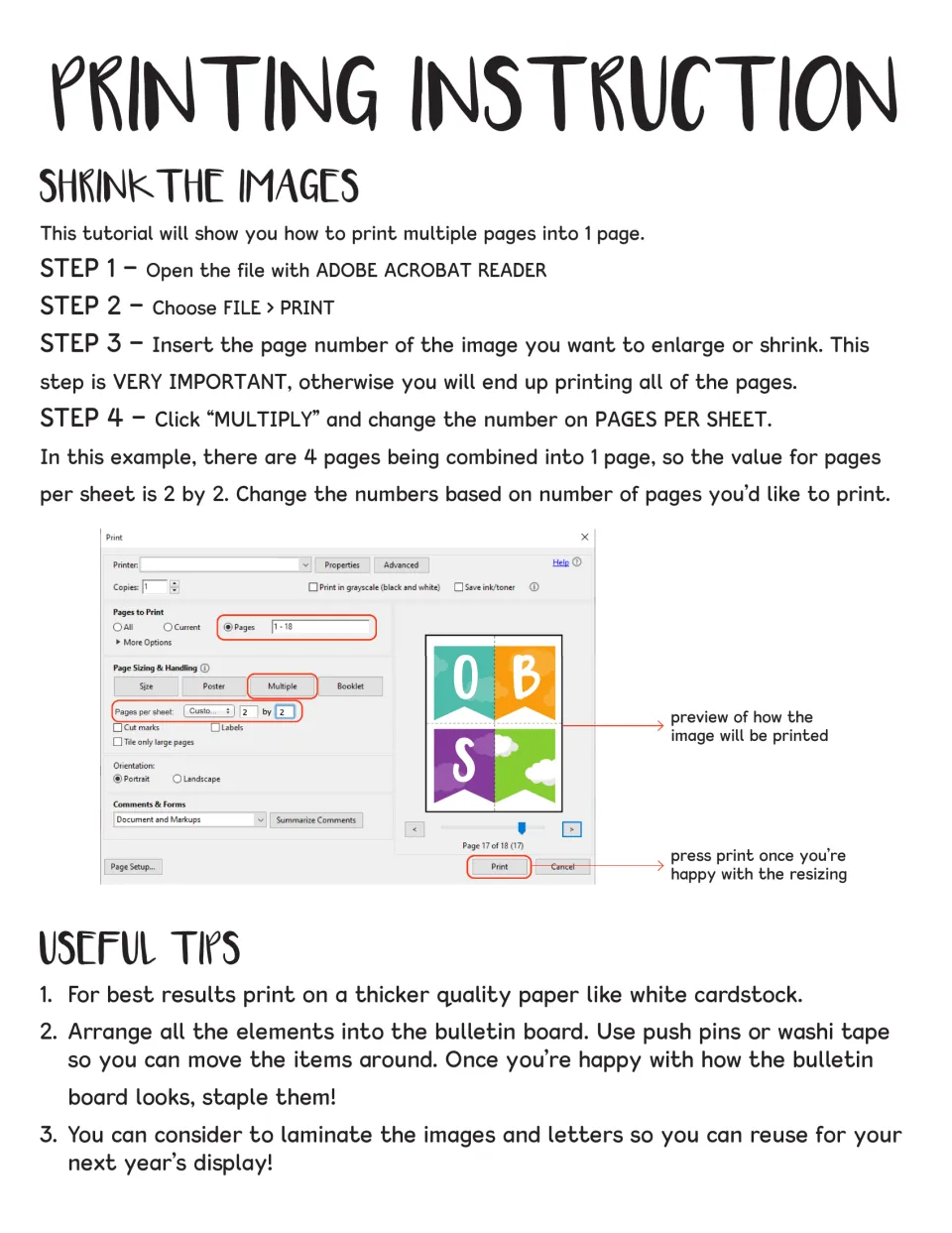 Printing guide explains fitting four pages onto one sheet and gives cardstock, assembly, and laminating tips