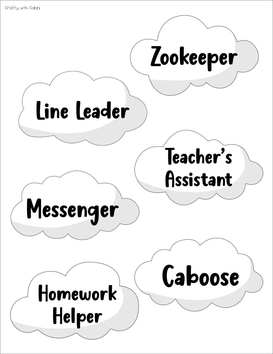 Job cards 1–6 of 30: Zookeeper, Line Leader, Teacher’s Assistant, Messenger, Homework Helper, and Caboose