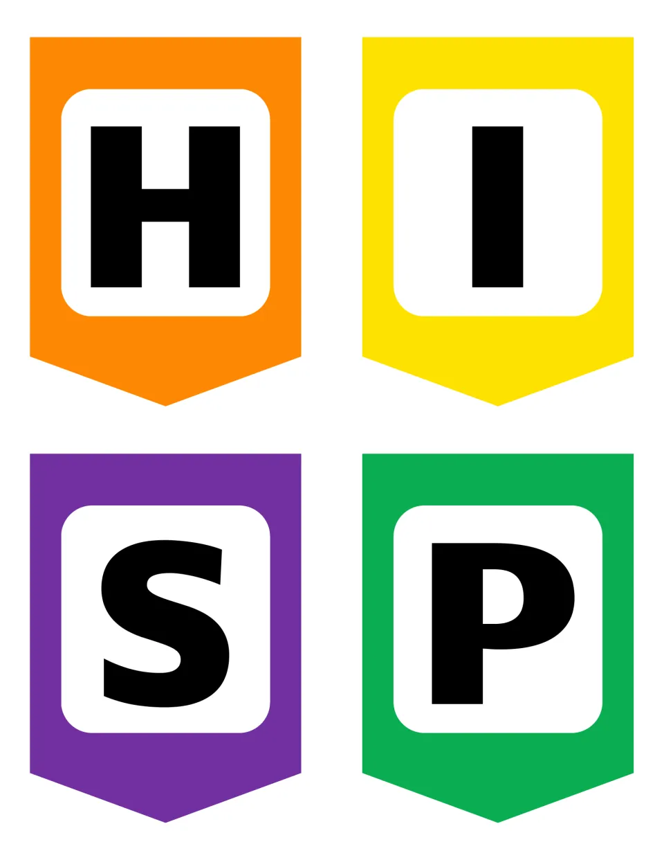Hispanic Heritage Month banner: pennants with bold letters H, I, S and P on orange, yellow, purple and green to cut out