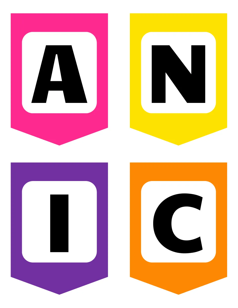 Banner pennants lettered A, N, I and C in pink, yellow, purple and orange, continuing the word HISPANIC