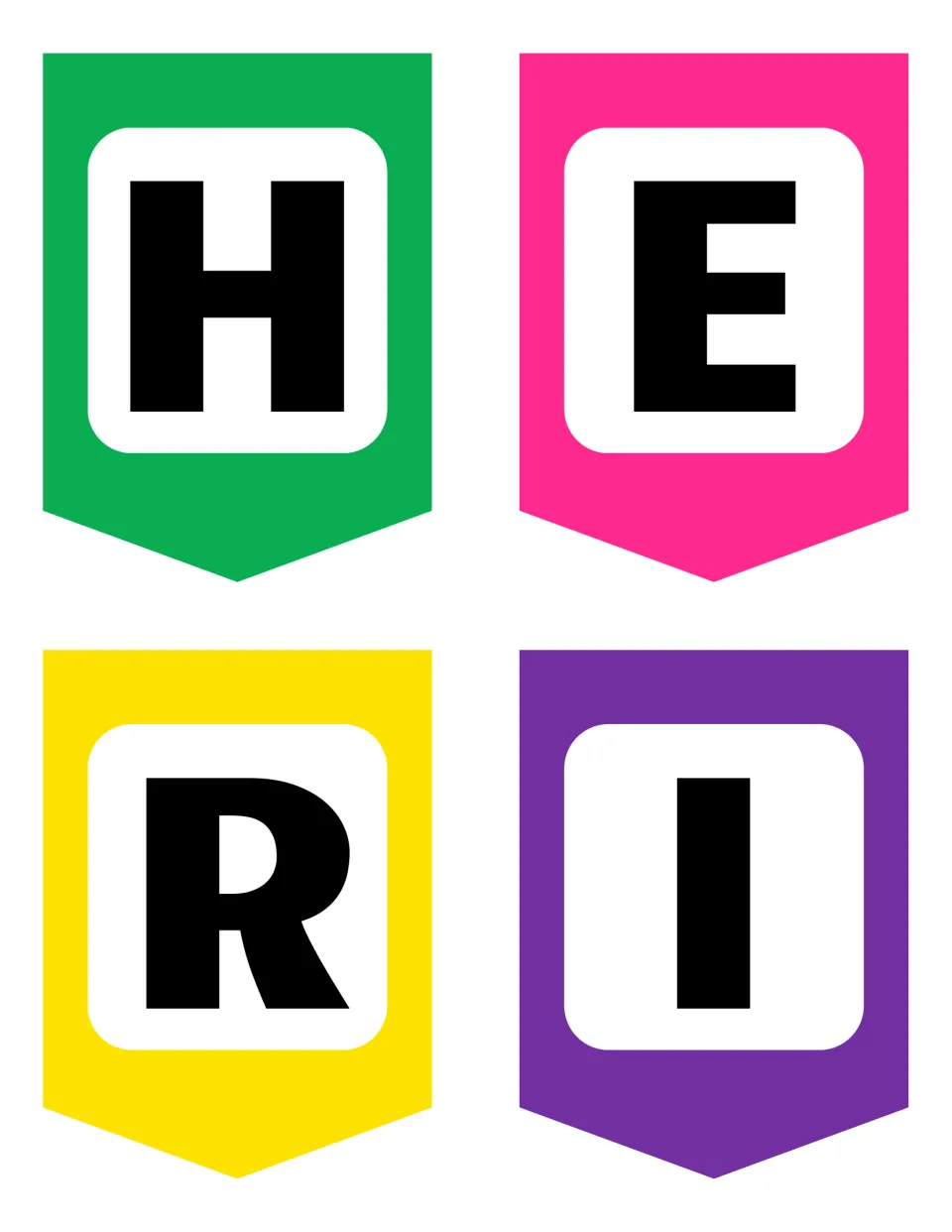 Heritage banner pennants with letters H, E, R and I on green, pink, yellow and purple for the bulletin board heading