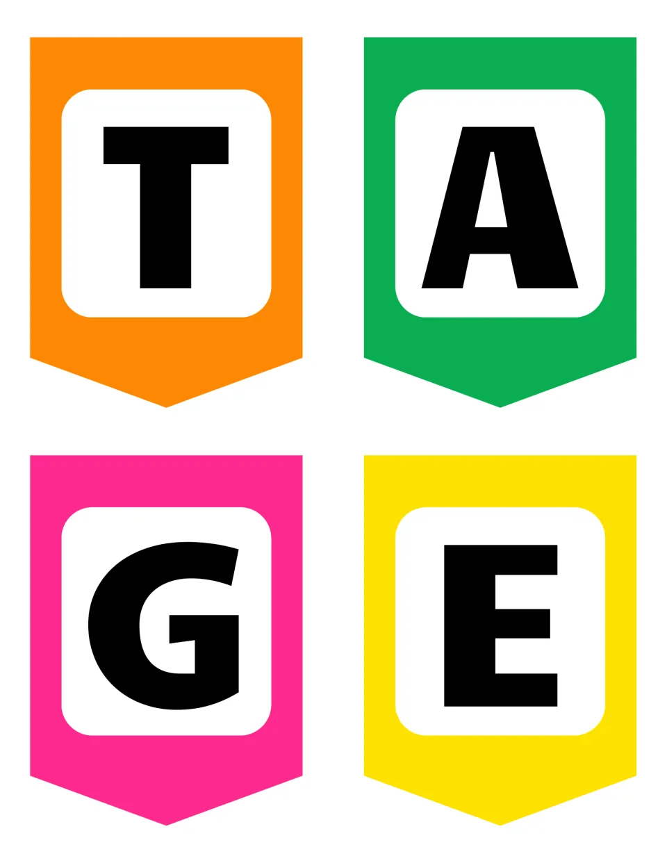 Pennants lettered T, A, G and E in orange, green, pink and yellow that complete the word HERITAGE on the banner