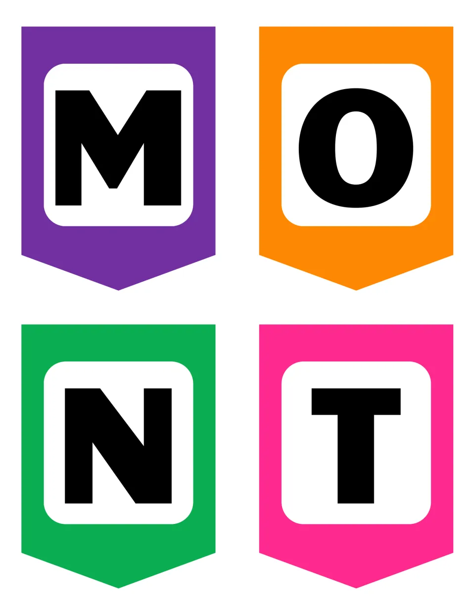 Month banner pennants showing M, O, N and T on purple, orange, green and pink, spelling most of the word MONTH