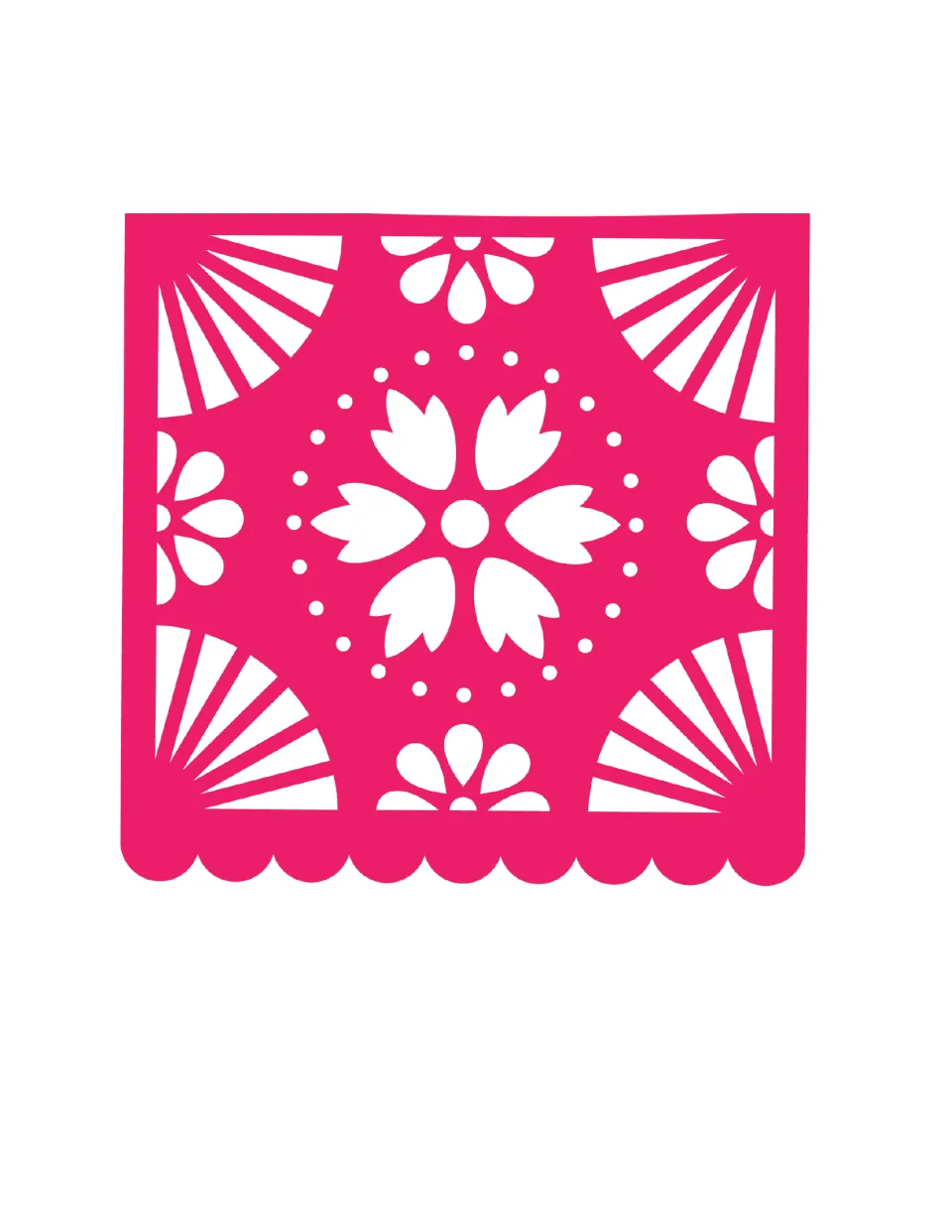 Papel picado decoration: a pink cut-paper flag with a flower, dots and fan cutouts and a scalloped bottom edge