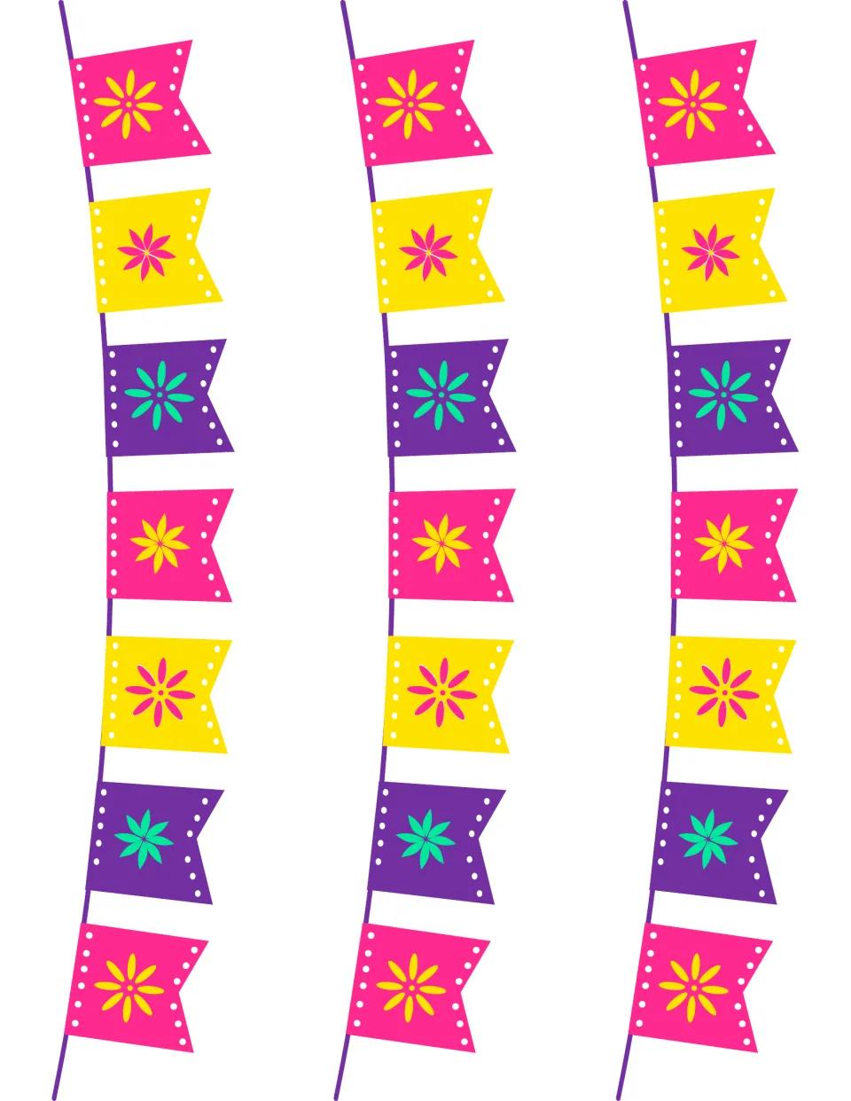 Garland strips: three strings of pink, yellow and purple flags with flower designs to cut out for trimming the board