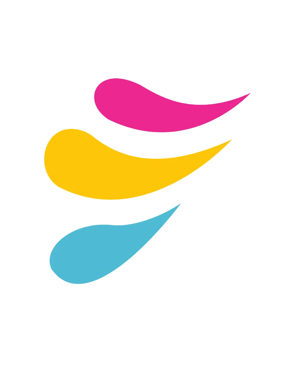 Decorative swoosh accents: three curved teardrop shapes in pink, yellow and blue for adding color to the display
