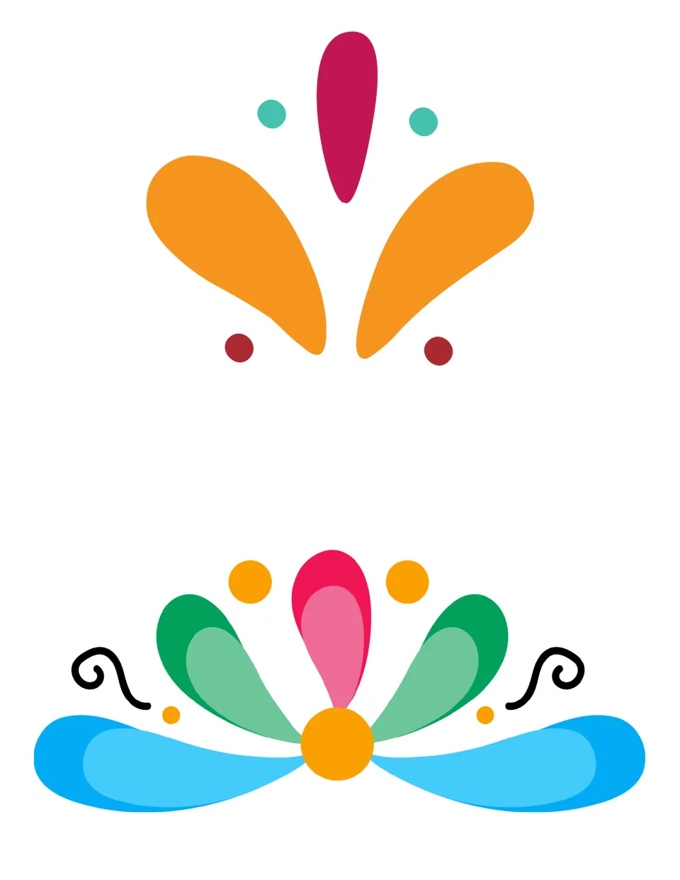 Floral folk-art ornaments: two flower motifs of colored petals, dots and swirls to cut out as board accents