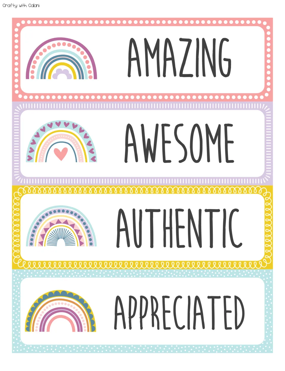 Positive affirmation word cards: AMAZING, AWESOME, AUTHENTIC and APPRECIATED, each beside a pastel rainbow drawing