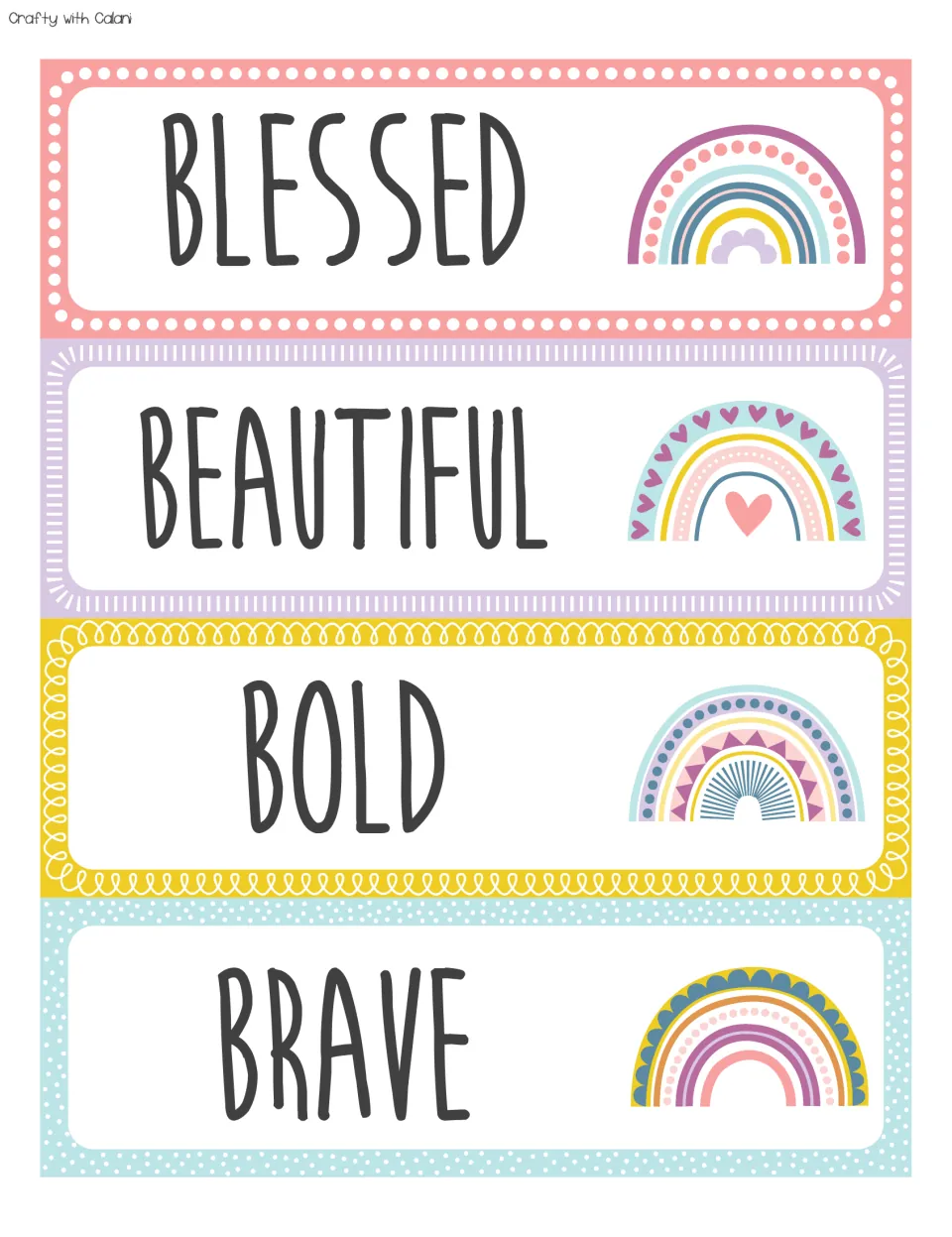 Affirmation cards for B words: BLESSED, BEAUTIFUL, BOLD and BRAVE in large dark letters with a rainbow on each card