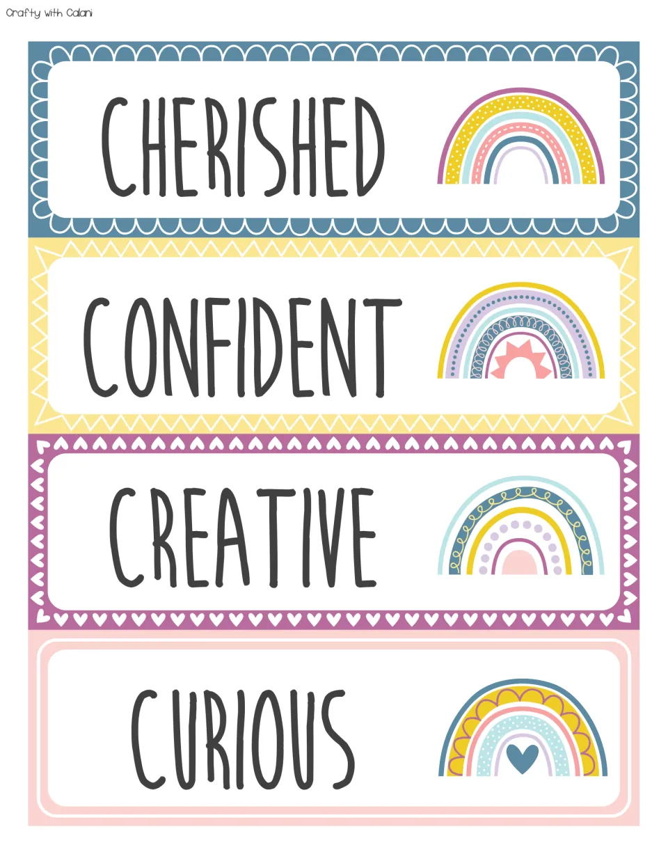 Four C-word affirmations, CHERISHED, CONFIDENT, CREATIVE and CURIOUS, printed as cards with rainbows on the right side