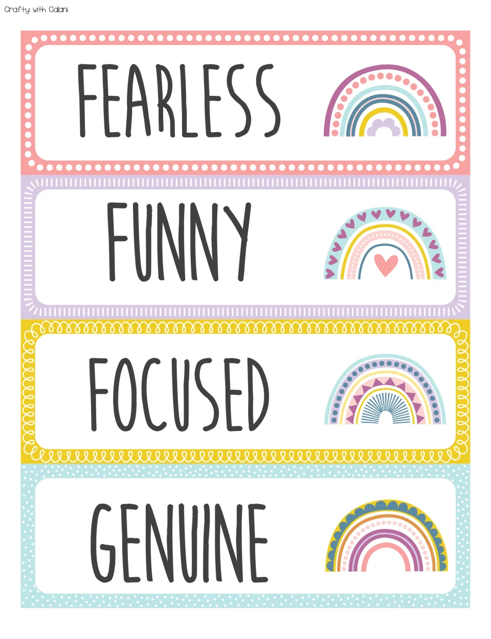 Affirmation cards continuing the F and G words: FEARLESS, FUNNY, FOCUSED and GENUINE, with a pastel rainbow on each