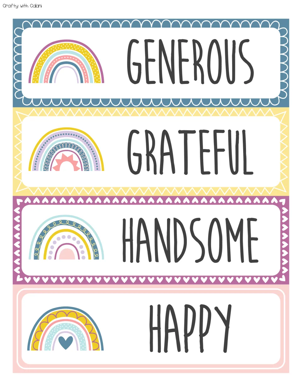 Positive character words GENEROUS, GRATEFUL, HANDSOME and HAPPY on four pastel cards, each with a rainbow illustration