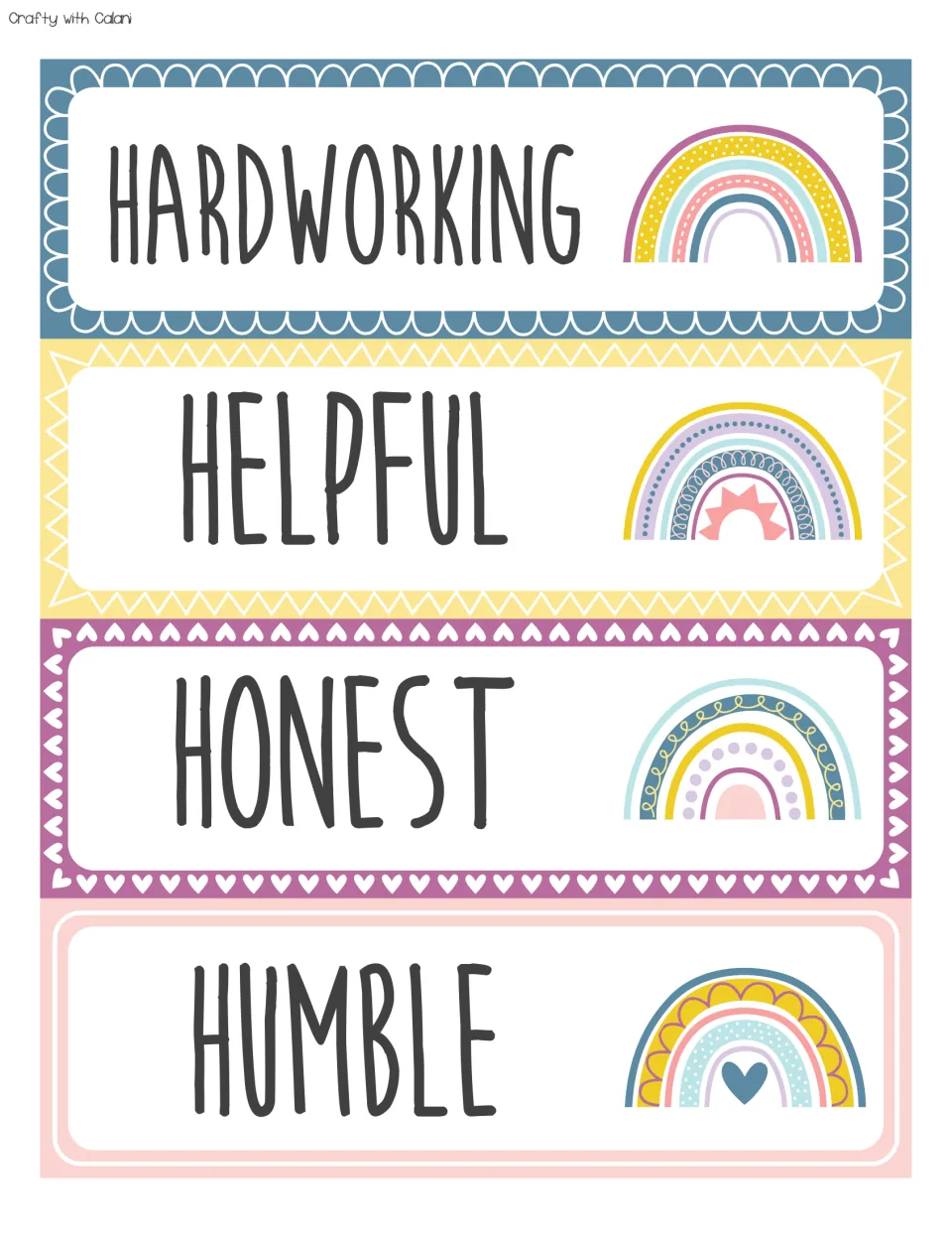 H-word affirmation cards HARDWORKING, HELPFUL, HONEST and HUMBLE in large dark lettering beside boho-style rainbows