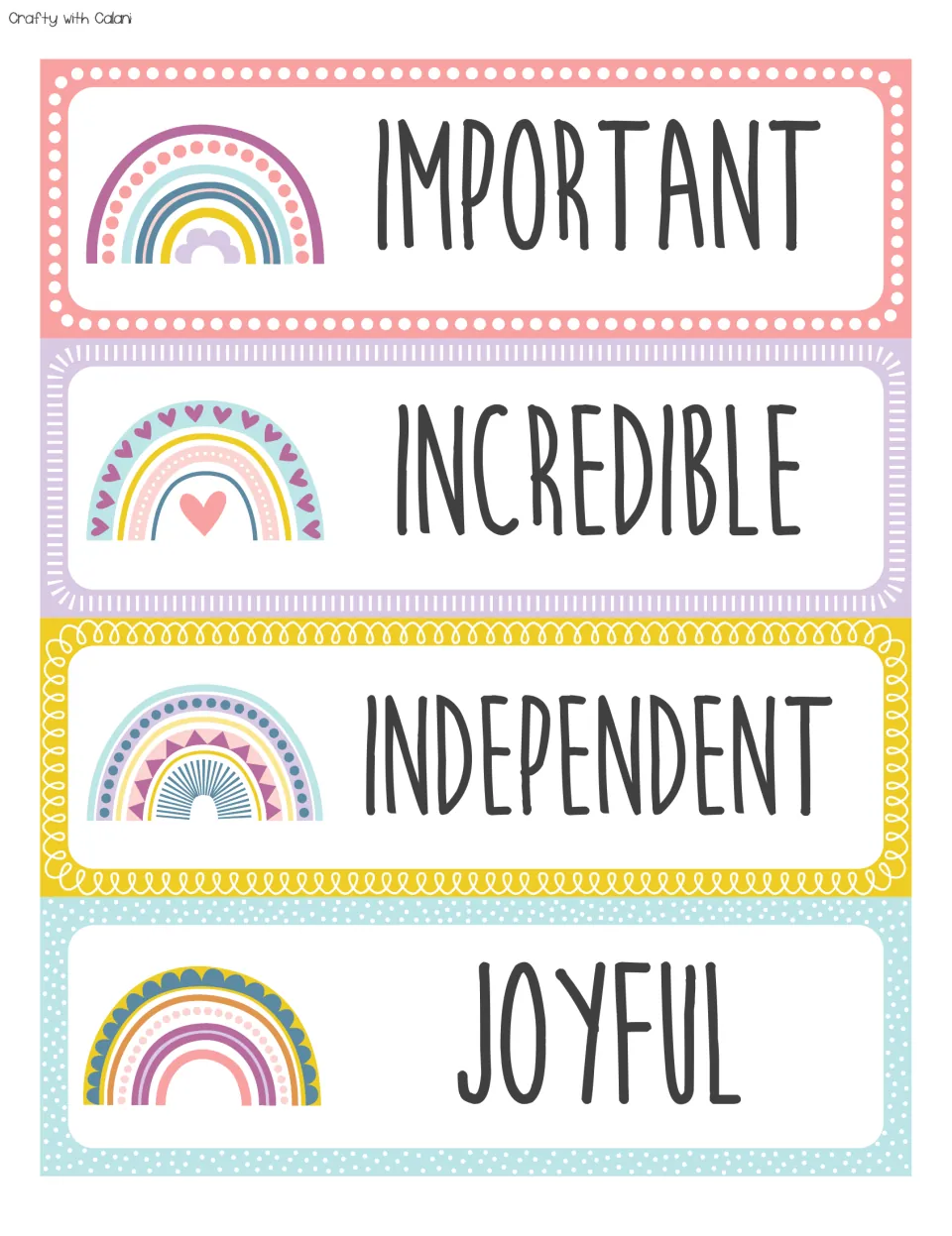 Affirmations IMPORTANT, INCREDIBLE, INDEPENDENT and JOYFUL as four rainbow word cards in pink, lilac, yellow and aqua