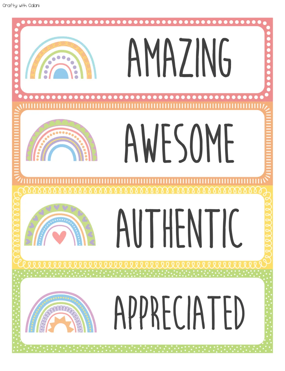 Positive affirmation word cards: AMAZING, AWESOME, AUTHENTIC and APPRECIATED, each printed beside a pastel rainbow