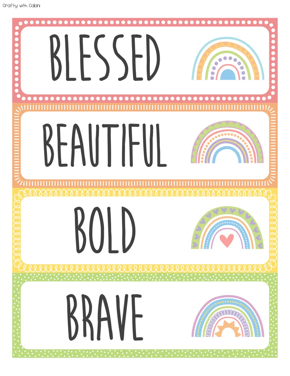 Affirmation cards for B words: BLESSED, BEAUTIFUL, BOLD and BRAVE in bold dark letters with a pastel rainbow on each