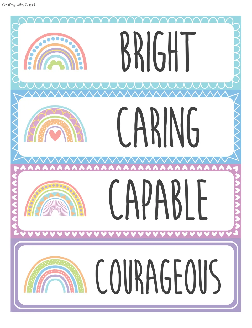 Affirmation word cards BRIGHT, CARING, CAPABLE and COURAGEOUS, each with a pastel rainbow, in blue and purple tones