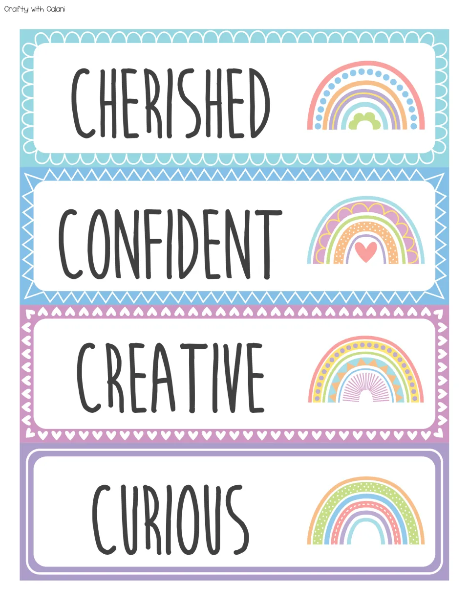 C-word affirmation cards: CHERISHED, CONFIDENT, CREATIVE and CURIOUS, each set beside a decorated pastel rainbow