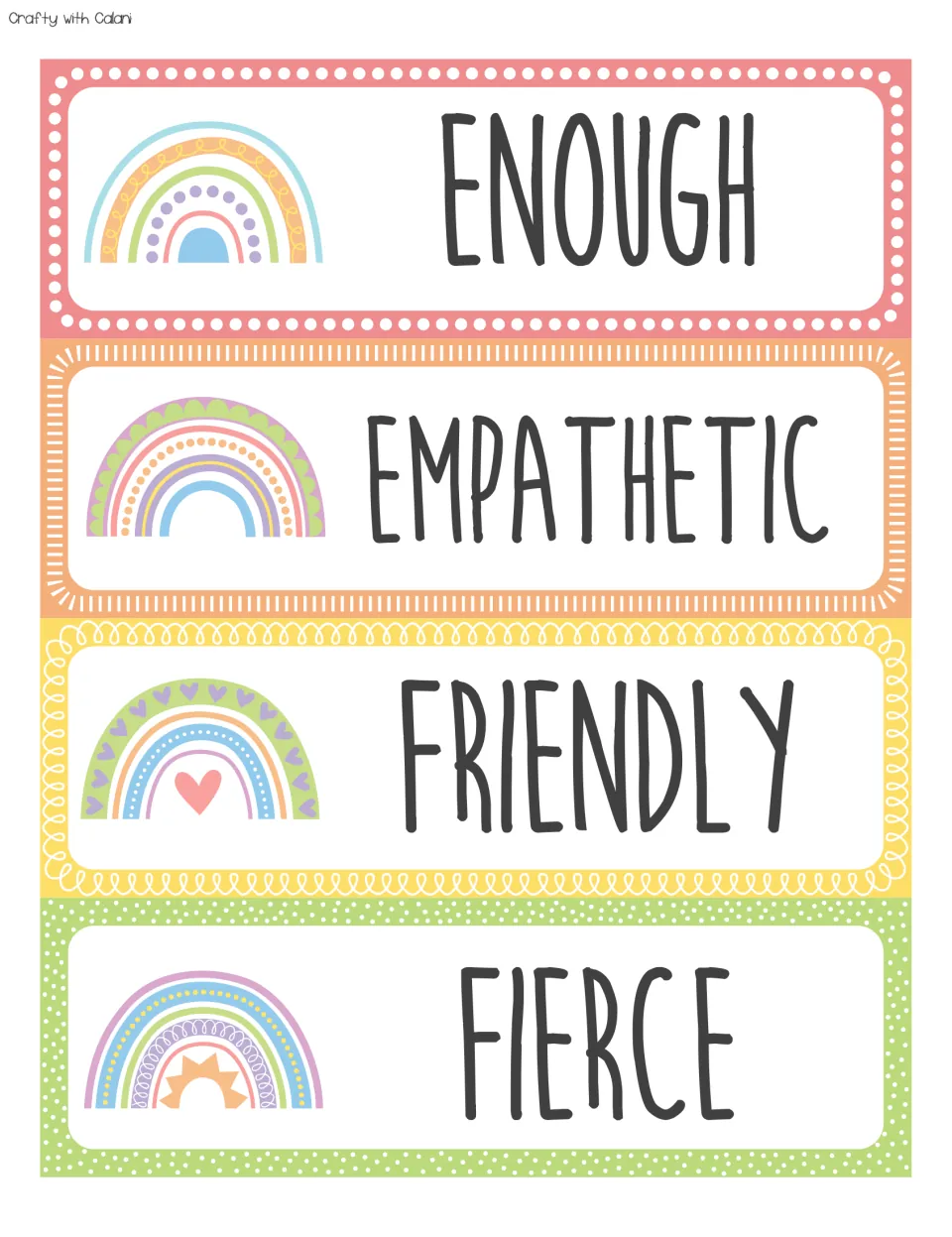 Affirmation cards for ENOUGH, EMPATHETIC, FRIENDLY and FIERCE, each word paired with a pastel rainbow illustration