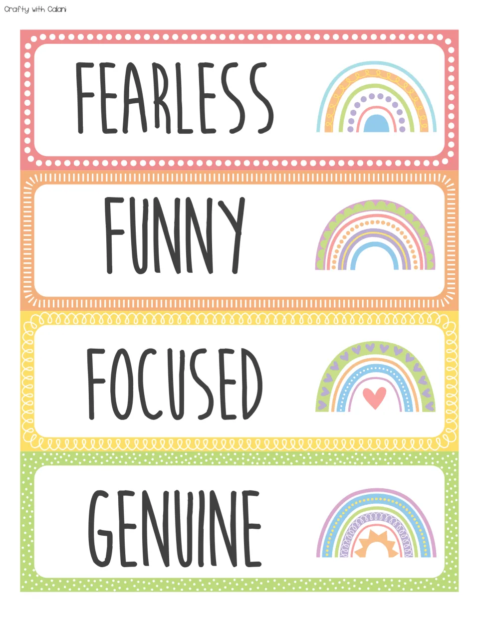 Positive words FEARLESS, FUNNY, FOCUSED and GENUINE on four cut-apart cards, each decorated with a pastel rainbow