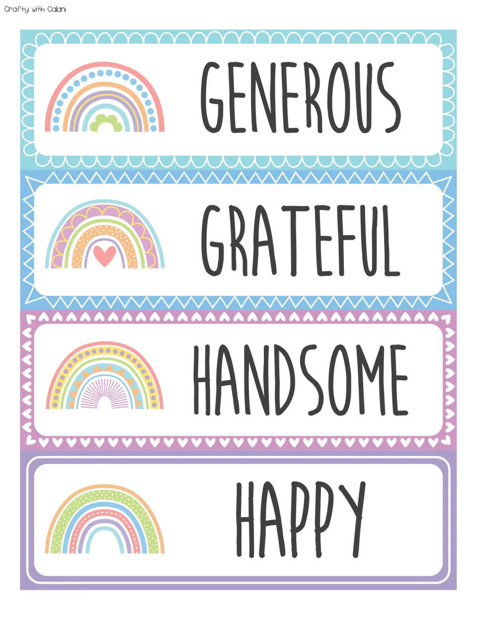 Affirmation cards reading GENEROUS, GRATEFUL, HANDSOME and HAPPY, each word next to a pastel rainbow with heart or dots
