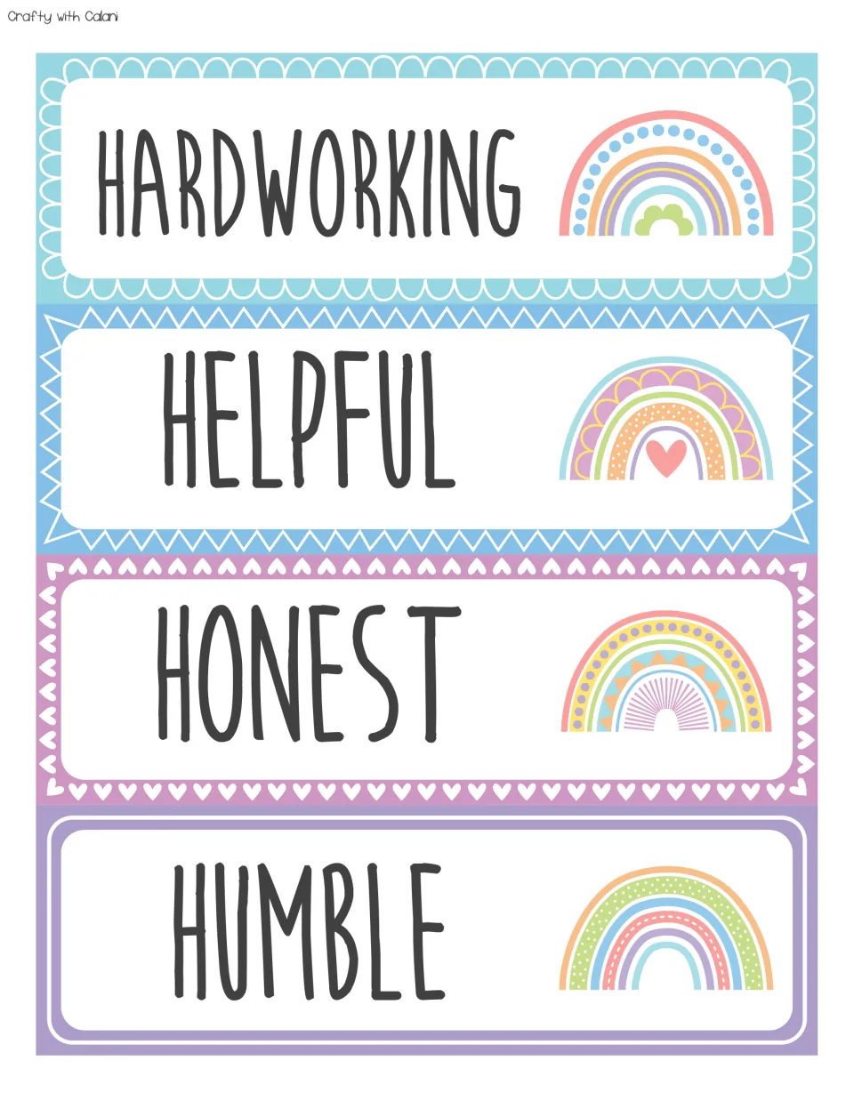H-word affirmation cards: HARDWORKING, HELPFUL, HONEST and HUMBLE in tall dark lettering beside pastel rainbows