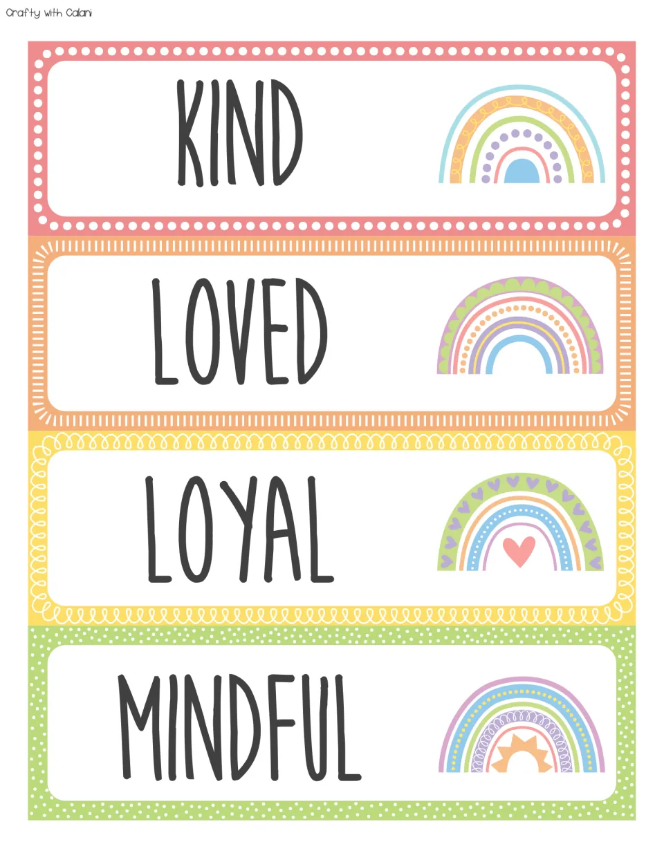 Affirmation cards KIND, LOVED, LOYAL and MINDFUL, each word on a card with a soft pastel rainbow illustration