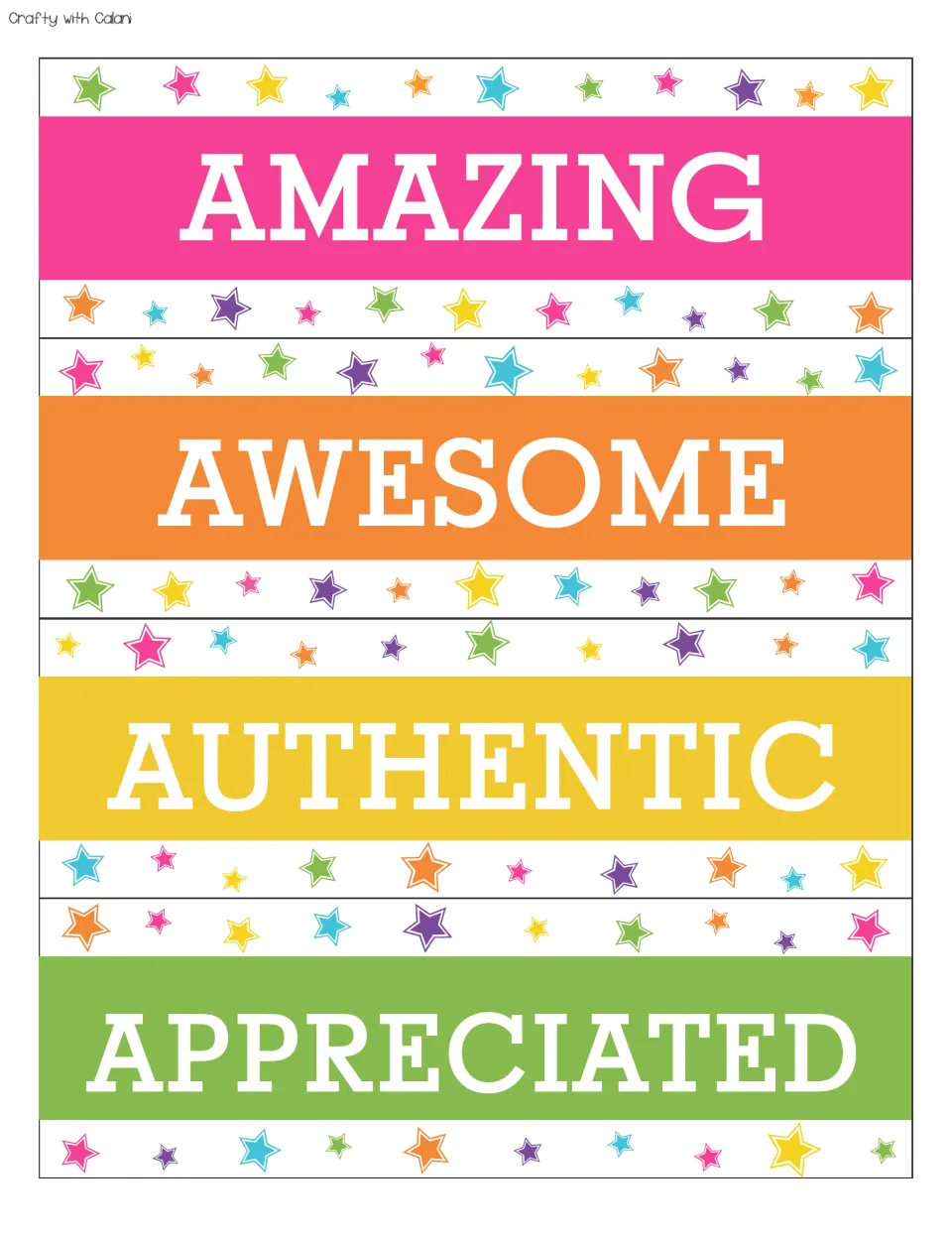 Positive affirmation cards 1–4 for the bulletin board: amazing, awesome, authentic, appreciated.