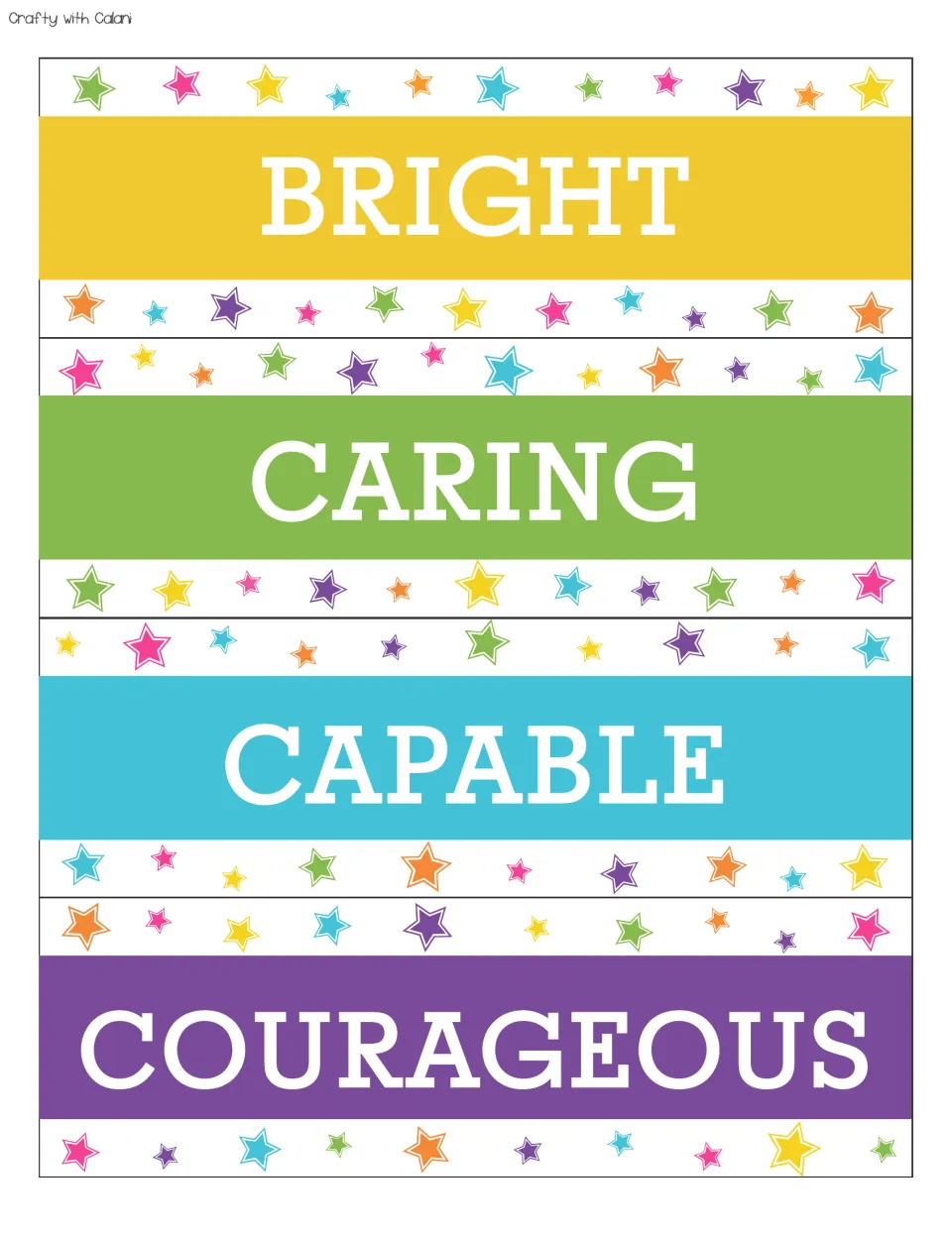 Positive affirmation cards 9–12 for the bulletin board: bright, caring, capable, courageous.
