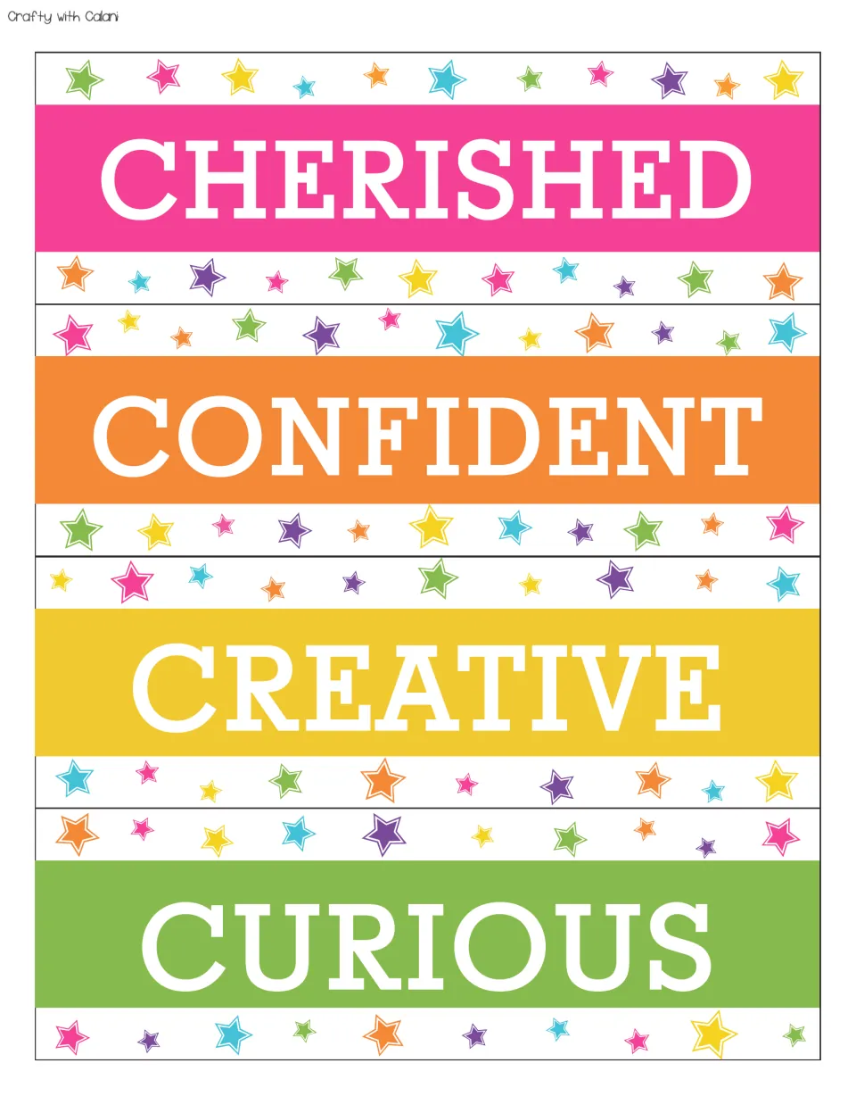 Positive affirmation cards 13–16 for the bulletin board: cherished, confident, creative, curious.