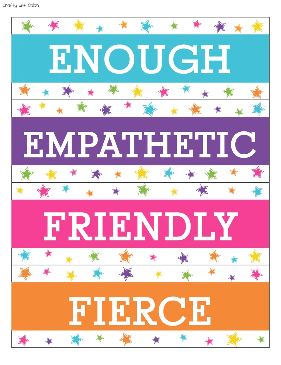 Positive affirmation cards 17–20 for the bulletin board: enough, empathetic, friendly, fierce.