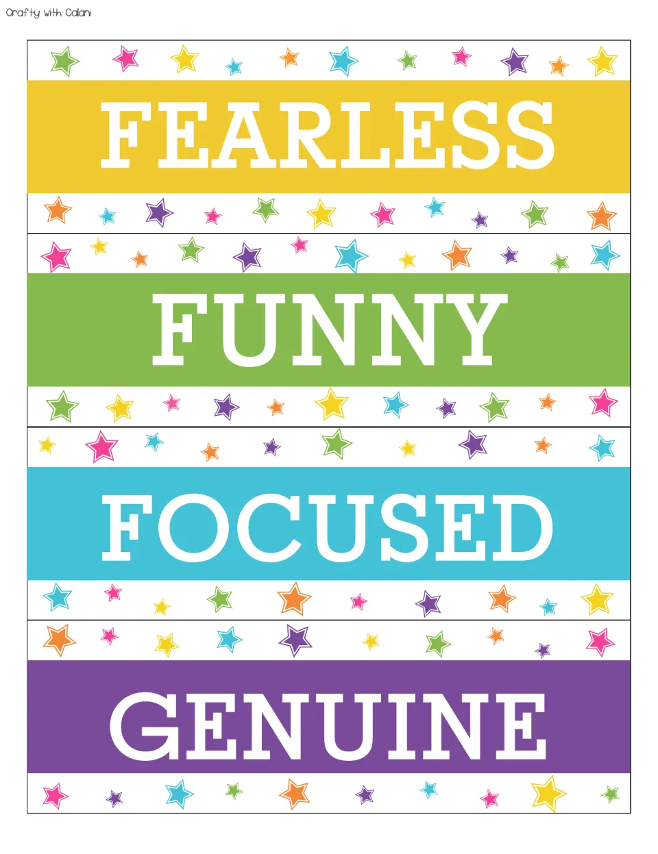 Positive affirmation cards 21–24 for the bulletin board: fearless, funny, focused, genuine.