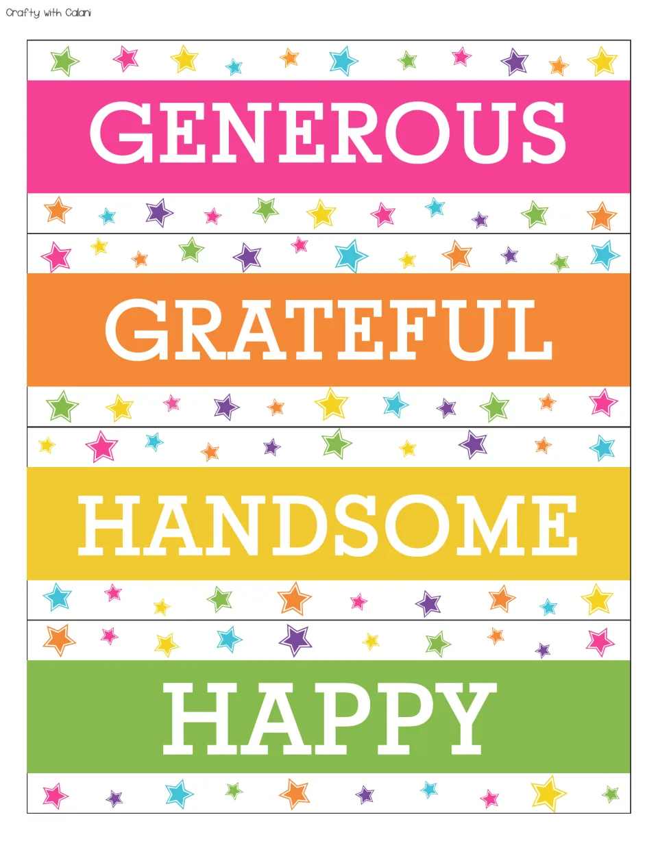 Positive affirmation cards 25–28 for the bulletin board: generous, grateful, handsome, happy.