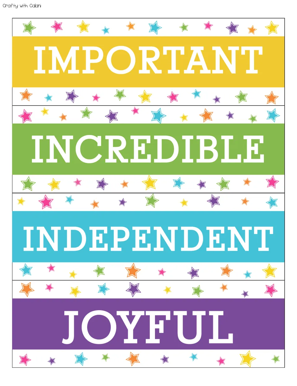 Positive affirmation cards 33–36 for the bulletin board: important, incredible, independent, joyful.