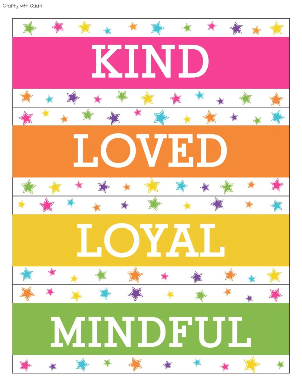 Positive affirmation cards 37–40 for the bulletin board: kind, loved, loyal, mindful.