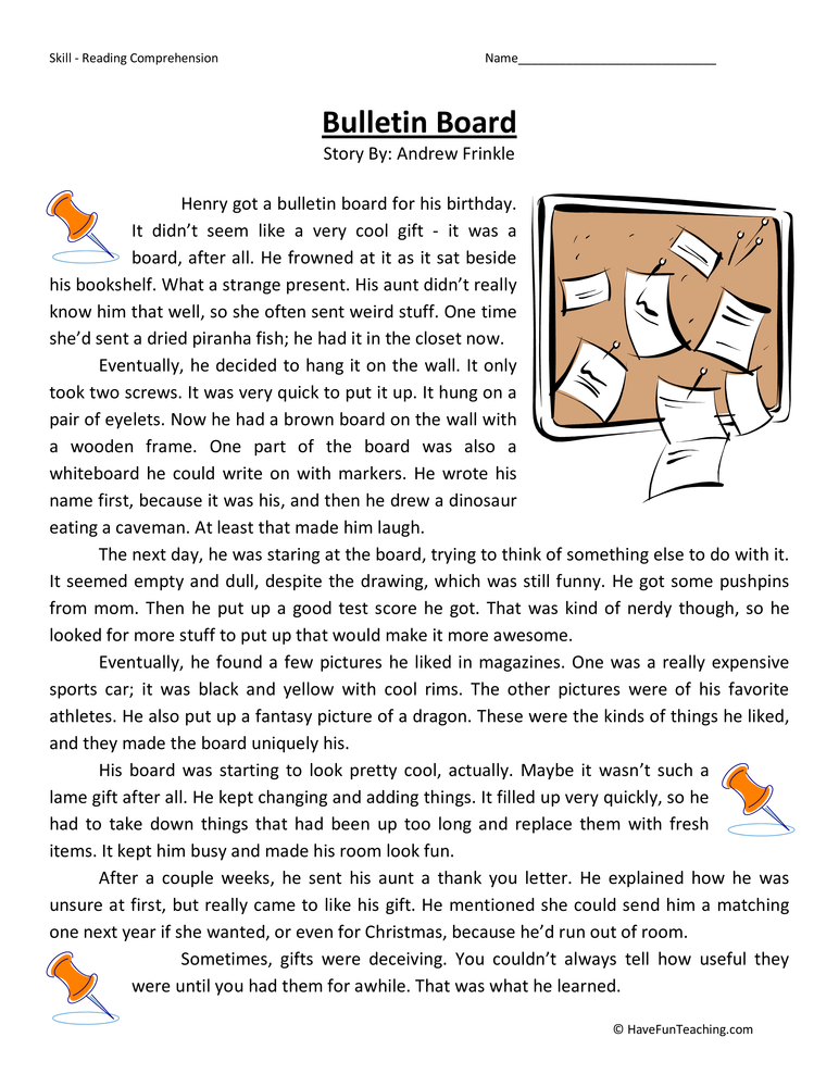 Bulletin Board - Reading Comprehension Worksheet teaching resource preview
