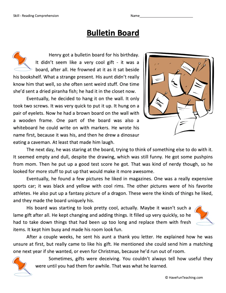 Reading passage about Henry learning to appreciate a birthday bulletin board as he adds his favorite pictures.