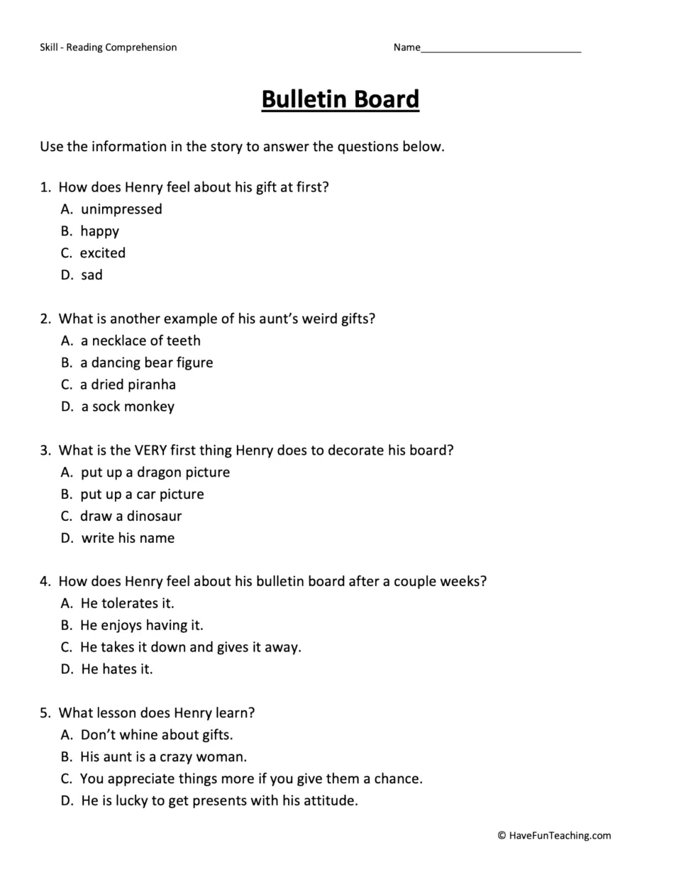 Five multiple-choice questions about Henry's gift, his first decoration, his feelings, and the lesson he learns.